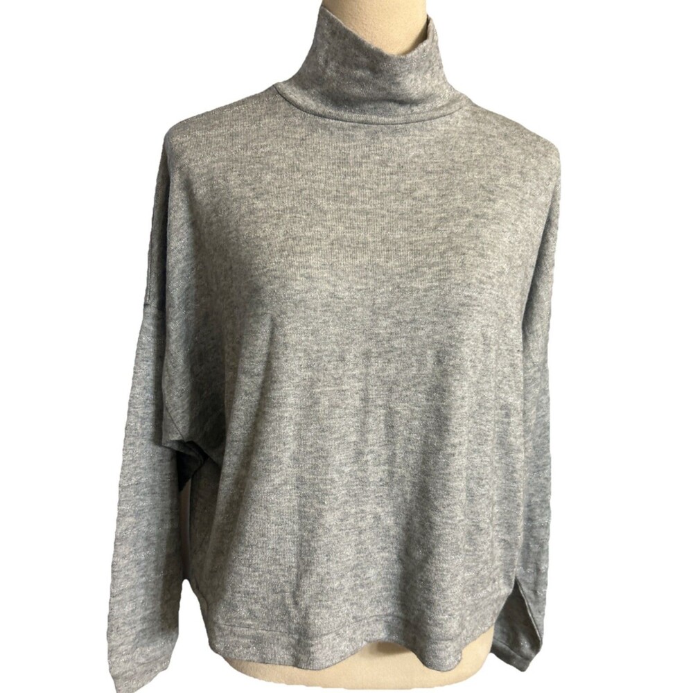 Lucky Brand Womens Sz S Cloud Soft Gray Glitter Cropped Mock Neck Knit Sweater
